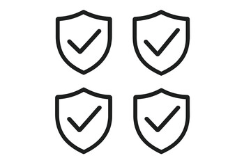 Vector set of shield icons with check marks, outline security symbols, transparent background, protection, verified safety badges, trust and approval concept illustrations