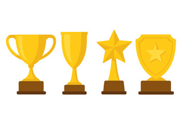 Golden trophy cup collection vector icon set. Winner prize achievement award symbols. Gold star and shield for first place victory. Championship competition success concept flat design.
