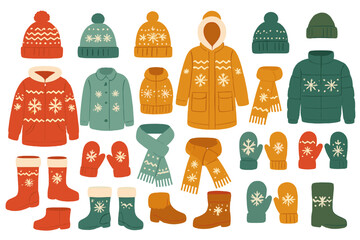 Warm winter clothes mega set with snowflake ornaments. Flat design bundle of cozy coats, jackets, mittens, hats, scarves, and boots for cold weather illustration.