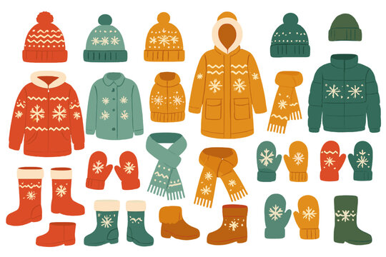 Warm winter clothes mega set with snowflake ornaments. Flat design bundle of cozy coats, jackets, mittens, hats, scarves, and boots for cold weather illustration.