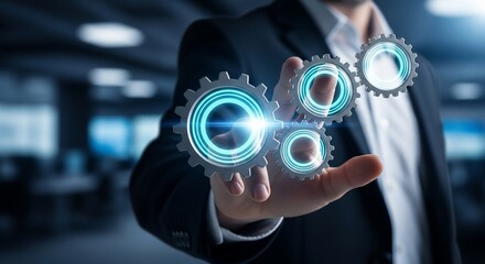 Dynamic professional orchestrates complex business strategy with glowing digital gears, symbolizing innovation and seamless operation in modern corporate environment.