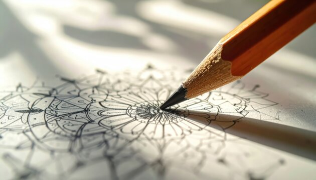 view captures a sharpened pencil in action, delicately sketching intricate patterns on a white paper surface, revealing a detailed, symmetric, hand-drawn illustration, bathed in soft sunlight with...