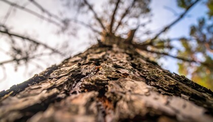 Upward perspective reveals rough textured tree trunk, capturing intricate bark details against soft background, complemented by glimpses of sky and diffused light, presenting natural beauty.