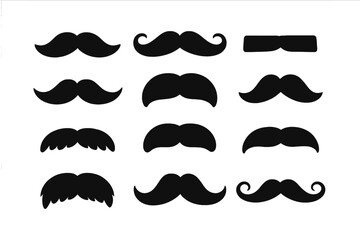 Set of mustaches vector collection. Black silhouette men's mustaches. Hipster and gentleman styles for barbershop. Vintage facial hair icon set isolated on white background.