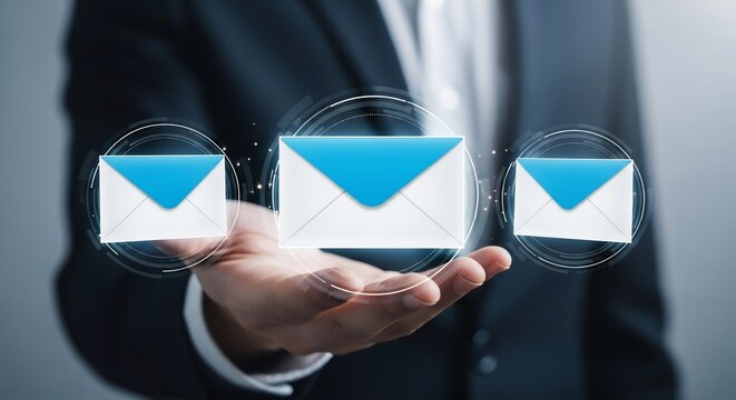 Professional businessman presents modern digital communication with glowing email icons floating above his hand, symbolizing connectivity and data exchange. - Powered by Adobe