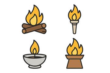 Vector icon set of fire sources. Includes campfire, olympic style torch, ancient oil lamp, and cresset. Concepts for ceremony, ritual, warmth, energy, survival, and light.