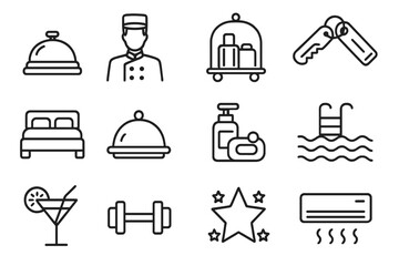 Hotel services thin line icon set. Vector symbols of hospitality industry, accommodation and travel. Includes bellhop, room service, pool, gym, bar, and booking pictogram.