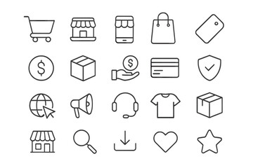 Online shopping & e-commerce thin line icon set. Web store & retail symbols. Digital marketing, mobile payment, delivery, customer support concept. Vector UI UX elements.