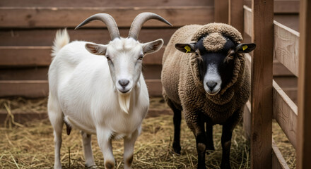 Obraz premium A white goat and a brown sheep stand together in a wooden farm pen. Portrait of two domestic livestock animals. Agriculture and animal husbandry concept