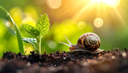 Snail crawling on soil with young plants