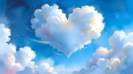 Clouds in a heart shape float in the sky in this abstract watercolor painting, creating a happy Valentines Day love-themed background.