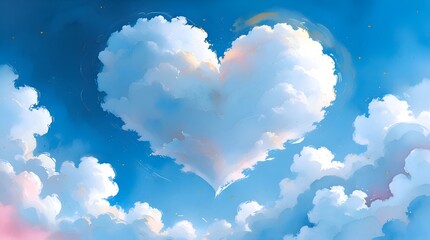 Clouds in a heart shape float in the sky in this abstract watercolor painting, creating a happy Valentines Day love-themed background.