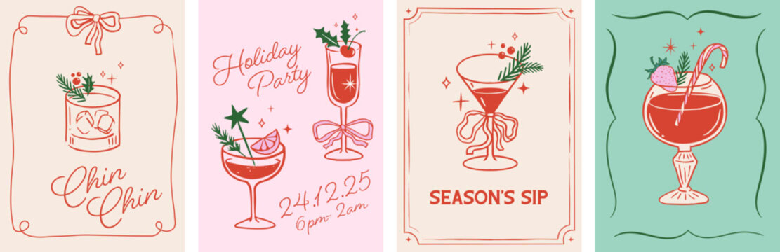 Christmas cocktail party hand-drawn invitations and posters