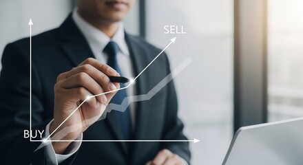 Professional businessman analyzes upward trending stock market graph, strategizing buy and sell points for financial growth and investment success.