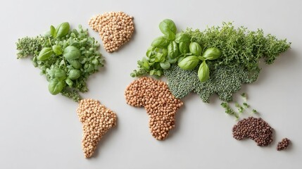 Creative world map design formed using fresh herbs and different colored legumes, symbolizing sustainability and plant based living.