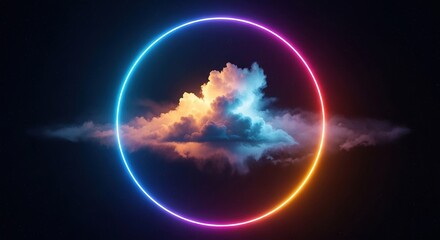 Obraz premium Ethereal Cloud Formation Encased in a Vibrant Neon Gradient Ring Against a Dark Cosmic Backdrop.