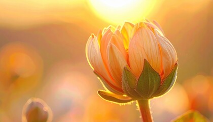 Vibrant orange flower in soft focus, illuminated by warm sunlight during golden hour, creating a glowing and dreamy atmosphere with lush blurred background and natural bokeh effects.