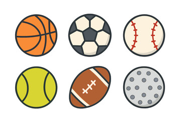 Sports balls icon set. Minimal flat cartoon vector. Basketball, soccer, baseball, tennis, American football, golf ball. Sport equipment for game, competition and activity.