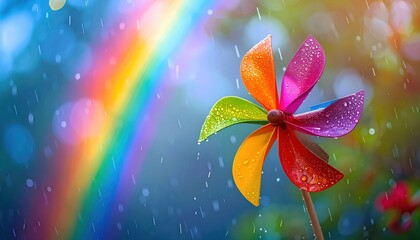 A vibrant rainbow stretches across a blurred background, while a colorful pinwheel with water droplets stands in the foreground; the scene evokes a cheerful, whimsical atmosphere.