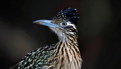 Close-up portrait of a beautiful Greater Roadrunner, showcasing its intricate plumage and detailed eye, set against a dark, blurred backdrop.