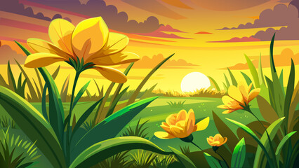 

Very beautiful yellow flowers blooming in lush green grass under warm sunset light, vector-style illustration emphasizing vibrant colors, soft shadows, and serene, peaceful natural atmosphere.