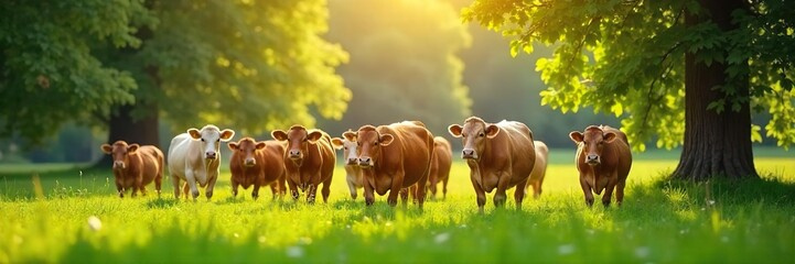Cattle peacefully grazing in a sun-dappled green pasture, showcasing healthy animals thriving in a idyllic natural environment.  Perfect for agricultural, livestock, and nature imagery.