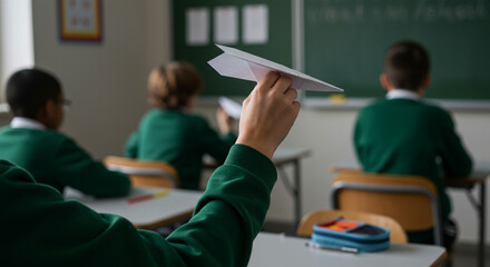 Student testing paper airplane in classroom with classmates, school playtime and childhood creativity