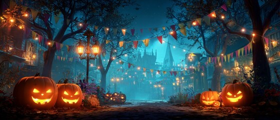 Halloween delight: an inviting atmosphere with glowing pumpkins and banners. Film poster. A jubilant halloween: carved pumpkins and banners in a luminous setting. Hero poster. Fantasy poster.