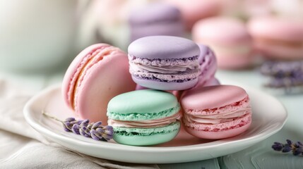 Fototapeta premium Delicate pastel macarons and lavender sprigs create a sweet, elegant scene perfect for baking blogs, dessert shops, or springtime celebrations