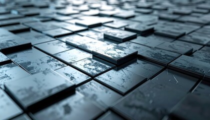 Abstract, high-angle perspective showcases a textured surface composed of numerous square tiles, each with a metallic sheen and subtle imperfections, bathed in cool, muted hues, evoking a sense of...