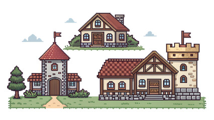 Naklejka premium Pixel House and Building Set on White Background small huts, castles, and houses, front view, clean lines, flat pixel design