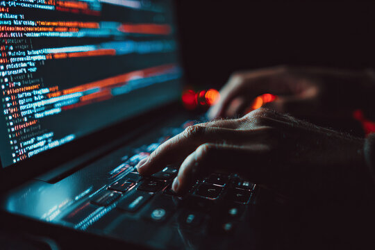 A close-up of a man's hands typing on a keyboard. A programmer or scammer creating malware. Online firewalls and privacy-related crimes.