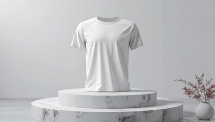 Display of a clean white short-sleeved garment on a minimalist round pedestal, with a simple backdrop creating a modern aesthetic with decorative foliage in a small vase, showcasing simplicity and...
