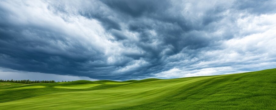 Dramatic Sky Over Green Field A landscape image featuring a vibrant green field beneath a dynamic, stormy sky, nature , scenery