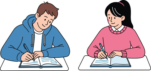 Two students writing in open books at desks, focused classroom study, academic learning, homework activity