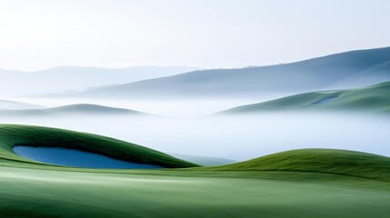 Foggy Green Verdant Hills and Bunkers on a Mist-Shrouded Golf Course, golf, landscape