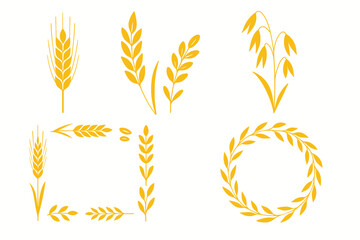 Collection of yellow grain icons: wheat, rye, barley, oats, and laurel wreath designs