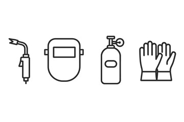 Welding equipment: torch, mask, gas cylinder, gloves icons