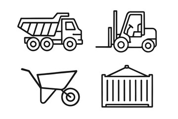 Outline icons of dump truck, forklift, wheelbarrow, and shipping container