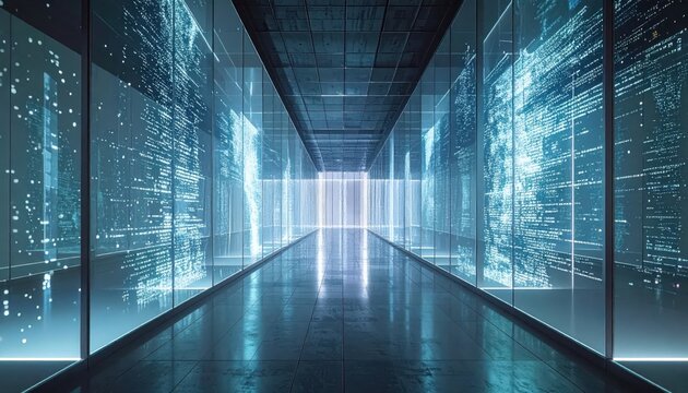 Futuristic hallway perspective features a symmetrical design with reflective glass walls displaying digital data patterns in a cool, blue-toned environment, radiating light towards the end of the... - Powered by Adobe