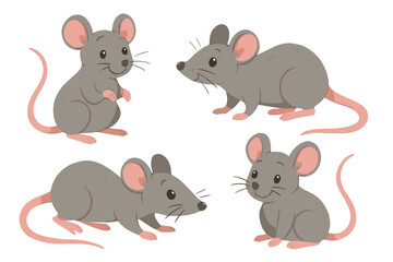 Obraz premium Cartoon gray mice set on white background: cute rodent illustrations