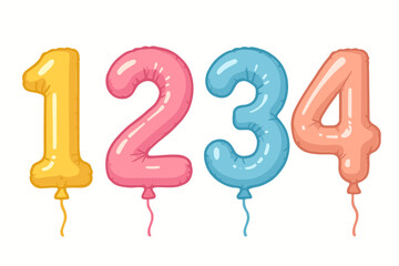Colorful number balloons 1 to 4 in yellow, pink, blue, and peach with strings