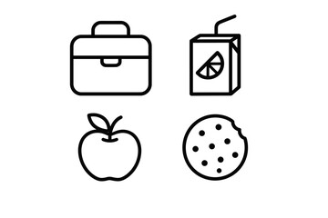 Lunchbox and snacks: juice box, apple, cookie icon set in minimalist design