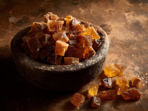 Golden amber resin pieces in a rustic stone bowl.