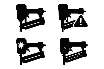 Silhouette icons of nail guns with safety warnings and action symbols