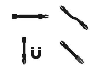 Black screwdriver bits and magnet silhouettes on white background