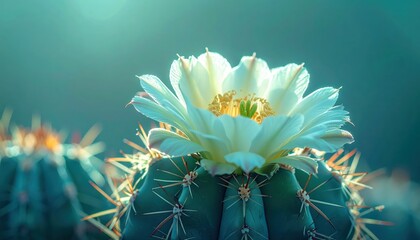 Delicate white bloom of a cactus flower opens to the sunlight, its petals gently unfurling against a soft green and blue background, showcasing the intricate beauty of nature's design within the...