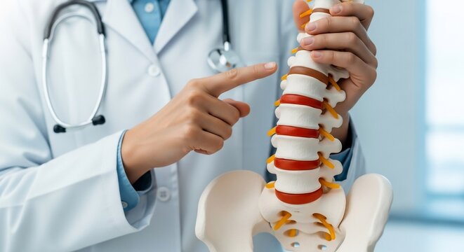 Professional doctor explains spinal anatomy with detailed model, aiding patient understanding and medical education in a bright clinic setting - Powered by Adobe