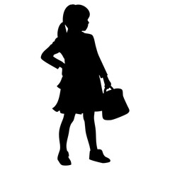 Girl standing with bag black silhouette simple minimal vector illustration