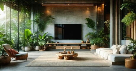Fototapeta premium Flat frameless black screen tv off tropical suite interior with bright decor